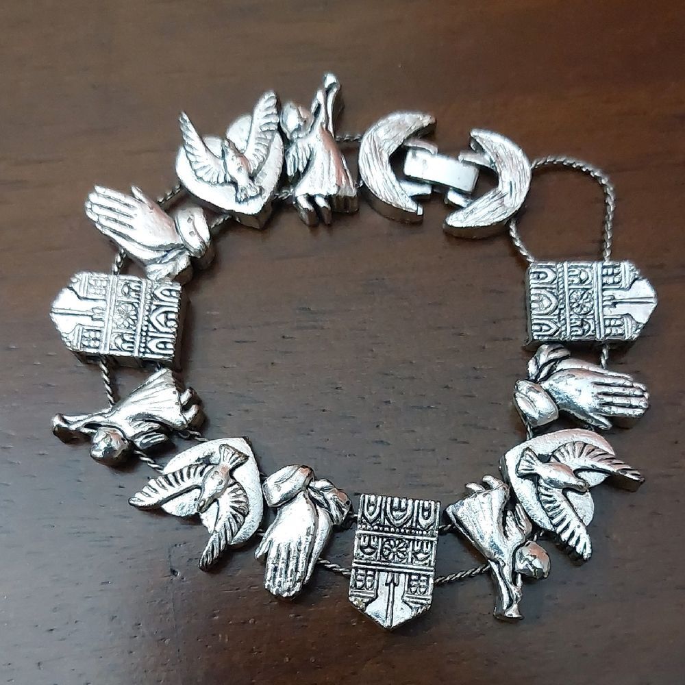 Vintage Religious Catholic Tofa Style Silver Tone Slider Charm Bracelet